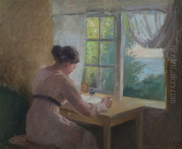 The Artists Home With A Girl Sitting At A Window, View To The Baltic Sea Oil Painting by Henrik Schouboe