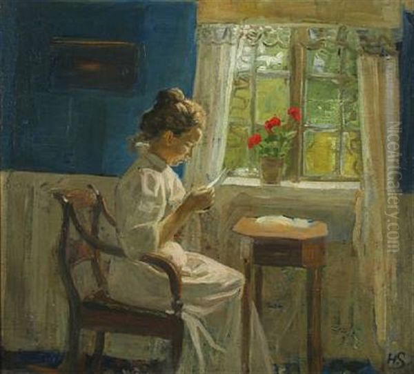 Interior With Woman Reading A Letter In The Sunlight Glow Oil Painting by Henrik Schouboe