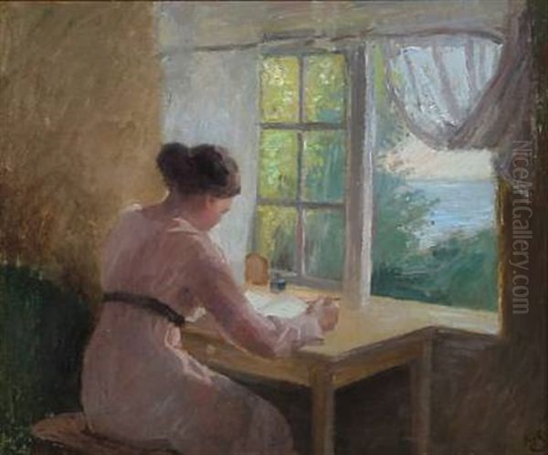 Interior With A Girl Writing At A Window With A View To A Summer Landscape Oil Painting by Henrik Schouboe