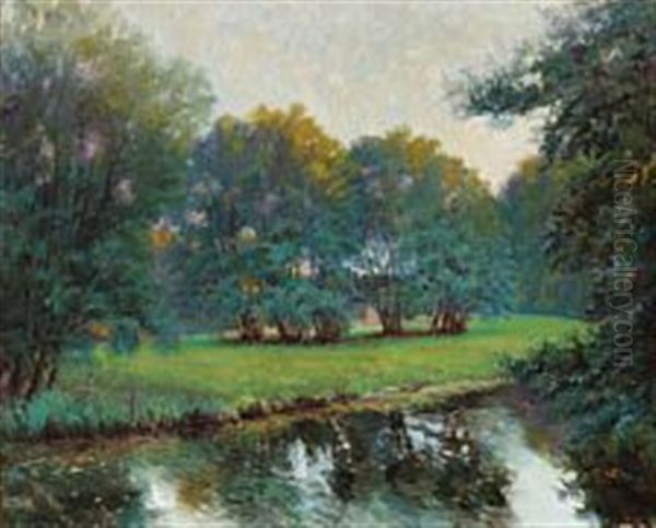 Landscape With Trees And A Stream Oil Painting by Pablo (Poul) Schouboe