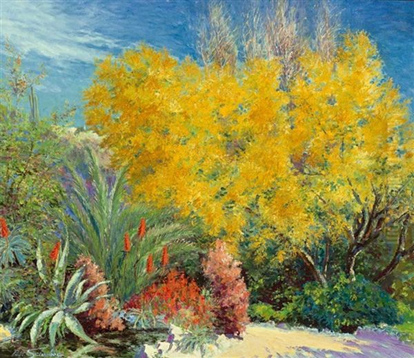 Blick In Einen Sonnenbeschienenen Garten In Chile Mit Voll Erbluhtem Forsythienstrauch, Agaven, Mimosen Und Lavendelbluten Oil Painting by Pablo (Poul) Schouboe