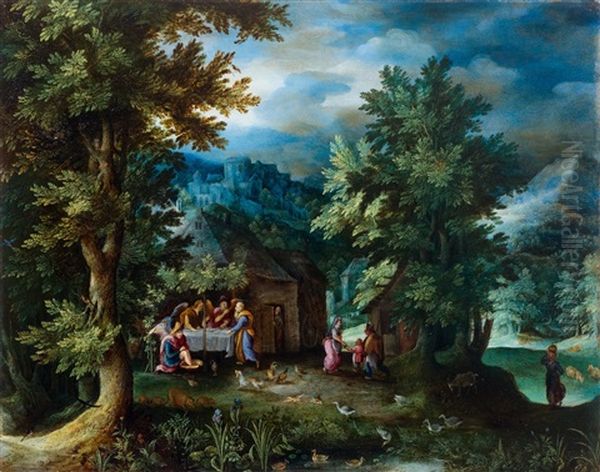 Forest Landscape With Abraham Being Visited By Three Angels Oil Painting by Pieter Schoubroeck