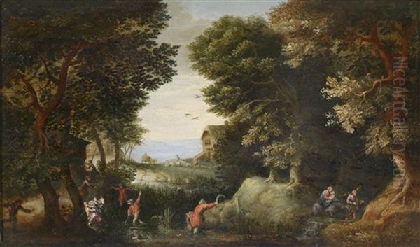 Bewaldete Landschaft Mit Latona, Die Die Lykischen Bauern In Frosche Verwandelt Oil Painting by Pieter Schoubroeck