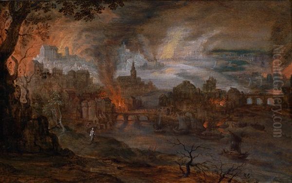 Landschaft Mit Brennender Stadt (sodom Oder Troja?) Oil Painting by Pieter Schoubroeck