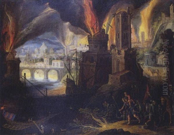 Enee Et Anchyse Fuyant L'incendie De Troie Oil Painting by Pieter Schoubroeck