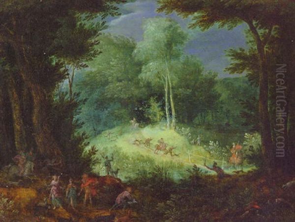 A Wooded Landscape With A Hunting Party Oil Painting by Pieter Schoubroeck