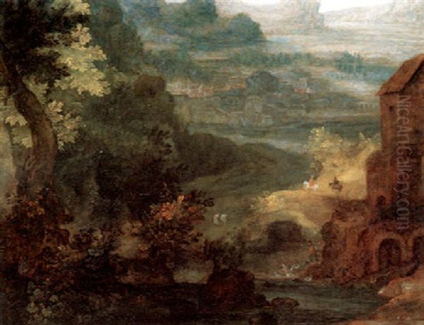 A Wooded Riverscape With Horsemen And A Town In The Background Oil Painting by Pieter Schoubroeck