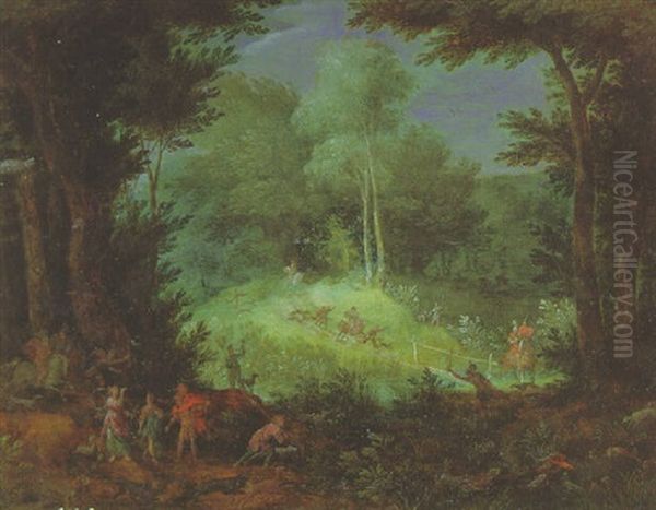 A Wooded Landscape With A Hunting Party Oil Painting by Pieter Schoubroeck