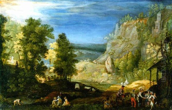 A Mountainous Landscape With Travellers Conversing On A Path In The Foreground Oil Painting by Pieter Schoubroeck