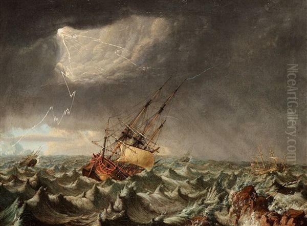 A Ship In Storm Oil Painting by Johan Tietrich Schoultz