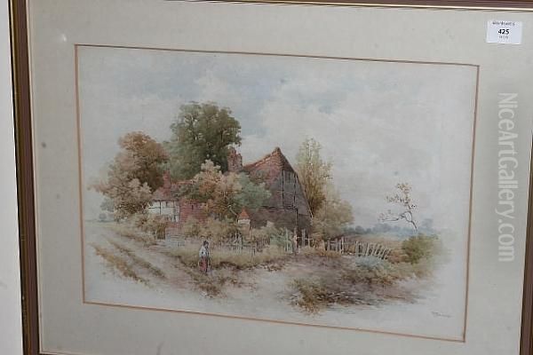 Figures By A Cottage Oil Painting by Stephen J. Bowers