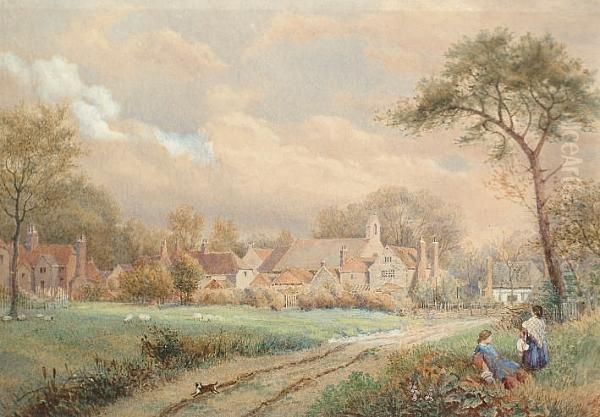 Figures Resting By A Country Lane With Cottages In The Distance Oil Painting by Stephen J. Bowers