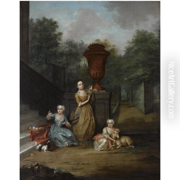 A Portrait Of Maria Christina, Adriana And Christina Elisabeth Pompe Van Meerdervoort At The Family's Country Estate Oil Painting by Aert Schouman