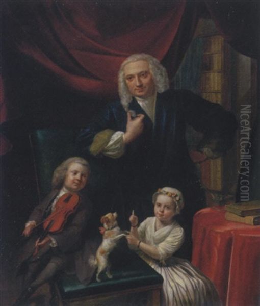 Portrait Of A Family, Yoan Van Wageningen And Children, Yan And Cornelia, In An Interior Oil Painting by Aert Schouman