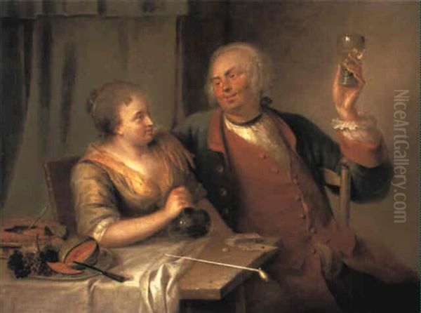 Couple Carousing In A Tavern Oil Painting by Aert Schouman