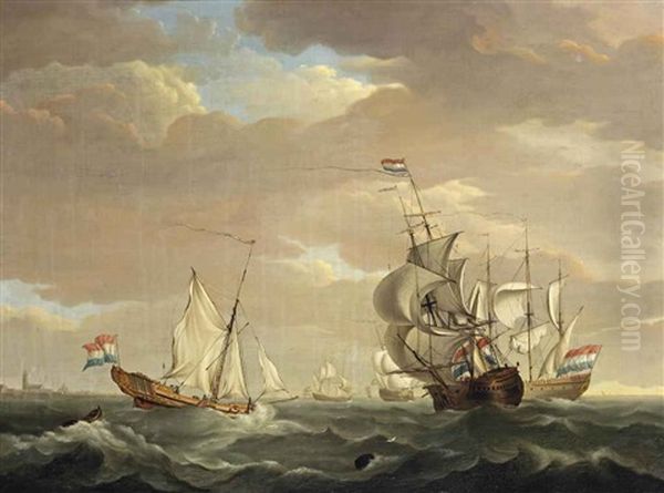 East-indiamen Off The Dutch Coast Oil Painting by Martinus Schouman