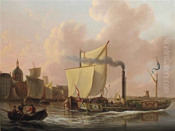 The Paddle Boat De Stad Dordrecht On The Oude Maas, Dordrecht Oil Painting by Martinus Schouman