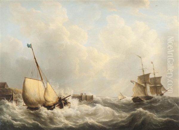 A Spritsail Barge And A Tall Ship Leaving The Quay Oil Painting by Martinus Schouman