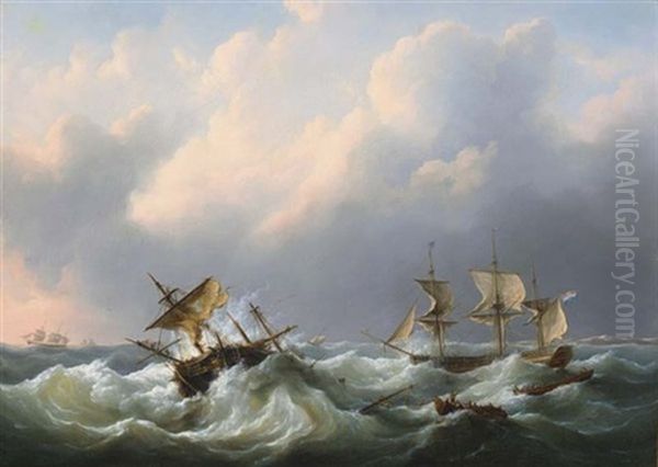 A Dutch Brig Coming To The Aid Of A Frigate In Distress Oil Painting by Martinus Schouman