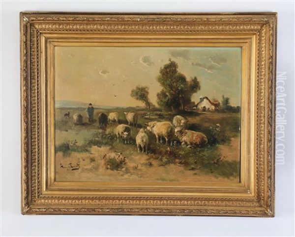 A Pastoral Scene Of A Herder And His Sheep In A Meadow Oil Painting by Henry Schouten