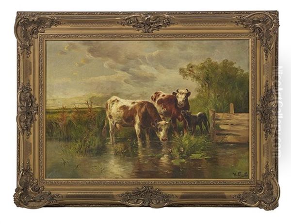 Cattle And A Young Calf Watering Oil Painting by Henry Schouten