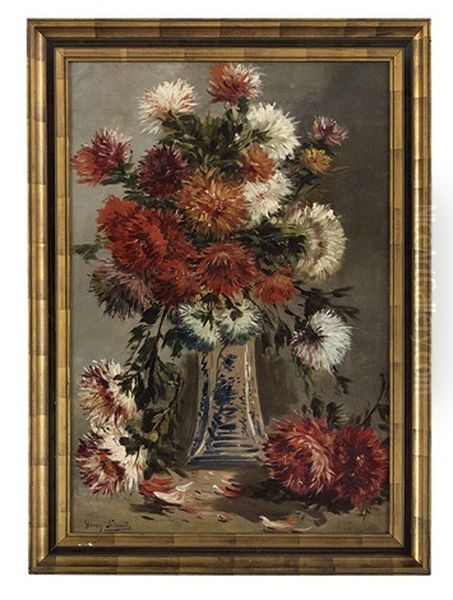 Still Life Of Chrysanthemums In A Blue And White Vase Oil Painting by Henry Schouten