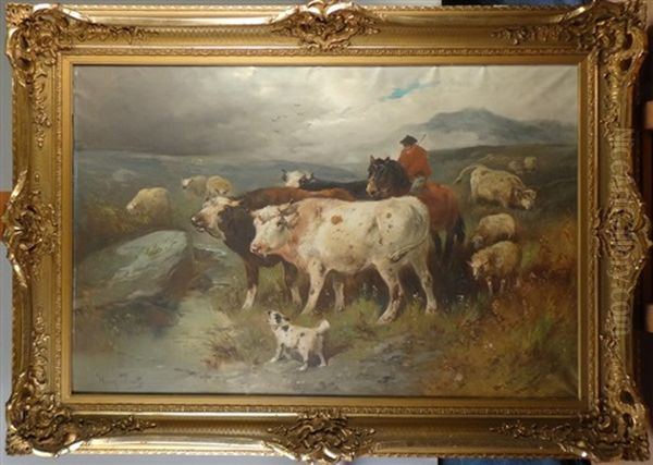 Troupeau De Vaches Et Fermier A Cheval Oil Painting by Henry Schouten