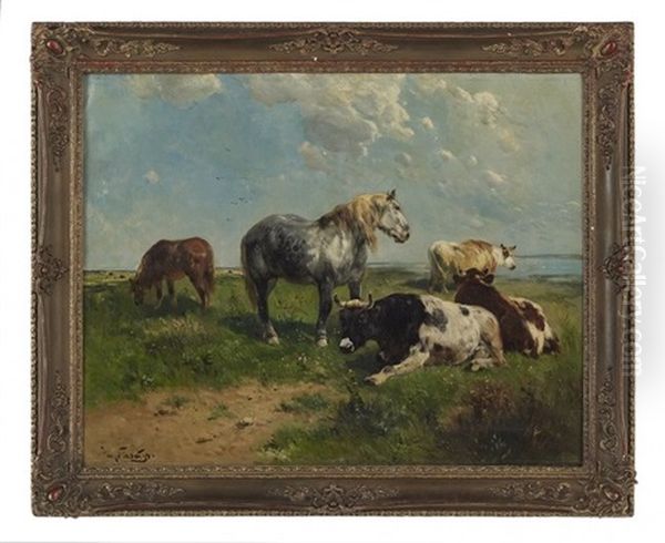 Horse And Cattle At Rest Oil Painting by Henry Schouten