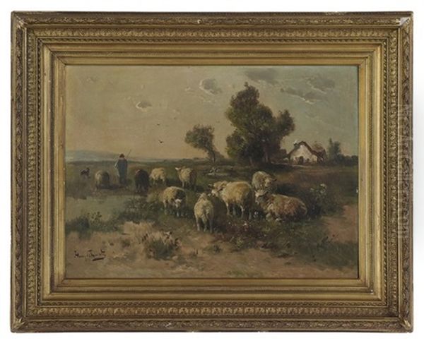 Shepherd In A Field, A Farmhouse In The Distance Oil Painting by Henry Schouten