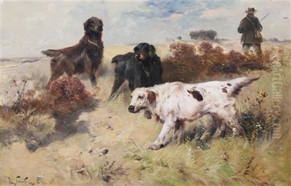 Gun Dogs In A Landscape Oil Painting by Henry Schouten