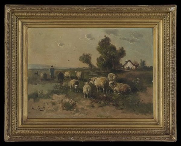 Shepherd In A Field, A Farmhouse In The Distance Oil Painting by Henry Schouten