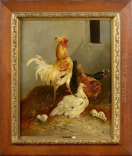 Coq, Poules Et Poussins Sur La Paille Oil Painting by Henry Schouten