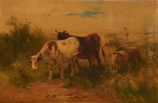 Vaches Et Moutons En Bord De Mer. Oil Painting by Henry Schouten