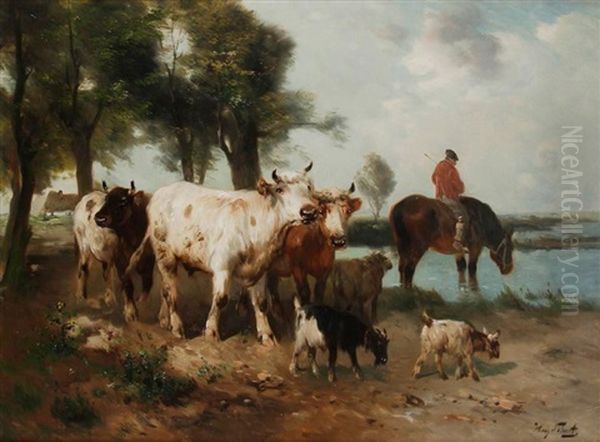 Berger A Cheval Et Son Troupeau Oil Painting by Henry Schouten