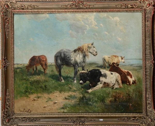 Vaches Et Chevaux Au Pre En Bord De Mer Oil Painting by Henry Schouten