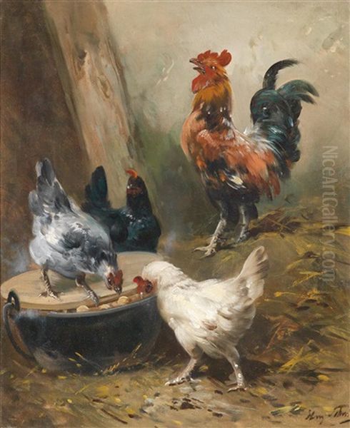 Huhner, Zwei Olbilder (2 Works) Oil Painting by Henry Schouten