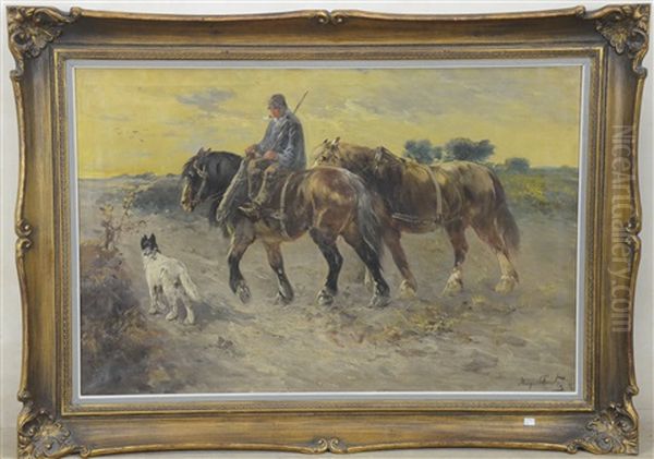 Cultivateur Avec Ses Deux Chevaux Et Son Chien Oil Painting by Henry Schouten