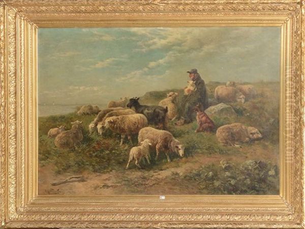 Berger Et Son Troupeau En Bord De Mer Oil Painting by Henry Schouten