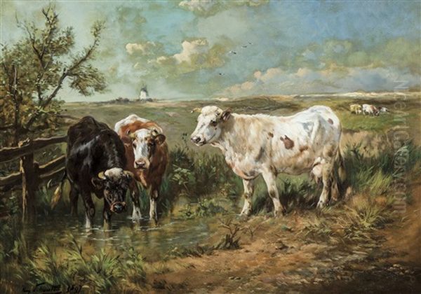 Polderlandschap Met Koeien Bij De Drenkplaats - Vaches Pres D'un Abreuvoir Dans Les Polders Oil Painting by Henry Schouten