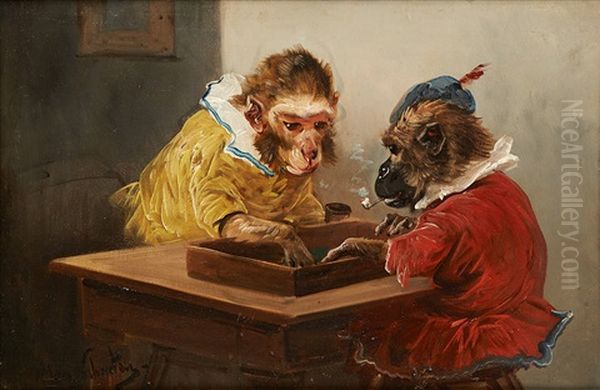 Singes Joueurs De Jacquet Oil Painting by Henry Schouten