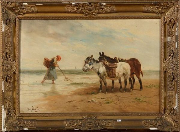 Pecheuse De Crevettes Et Ses Anes En Bord De Mer Oil Painting by Henry Schouten