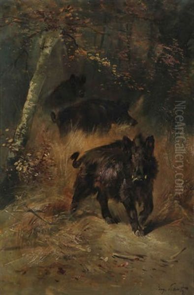 Trois Sangliers Au Bois Oil Painting by Henry Schouten