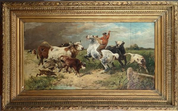 Palefrenier A Cheval Avec Ses Vaches Oil Painting by Henry Schouten