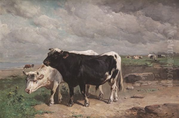 Taureaux Et Vaches Devant La Cote Oil Painting by Henry Schouten