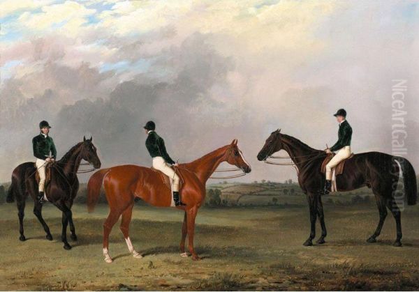 A Chestnut And Two Bay Racehorses Belonging To John Bowes With Jockeys Up Oil Painting by John Dalby Of York