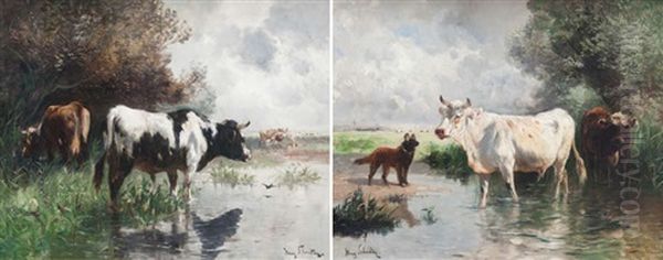 Vaches A L'abreuvoir (pair) Oil Painting by Henry Schouten