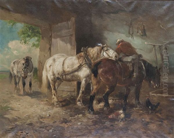 Paysans Au Travail A L'ecurie Oil Painting by Henry Schouten