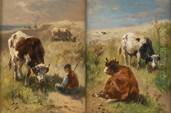 Vaches En Bord De Mer (2 Works) Oil Painting by Henry Schouten