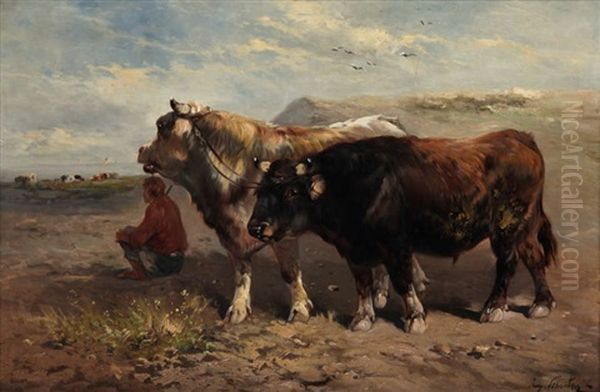 Paysan Avec Vaches A La Plage Oil Painting by Henry Schouten