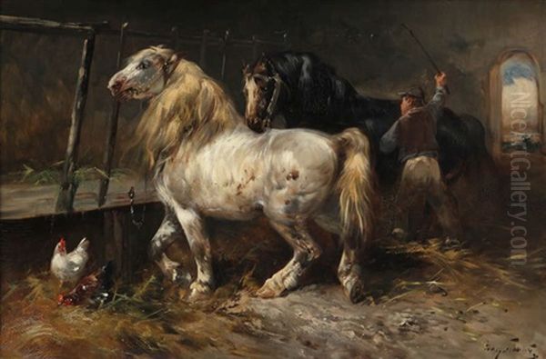 Paysan Avec Chevaux Et Poules Dans L'etable Oil Painting by Henry Schouten